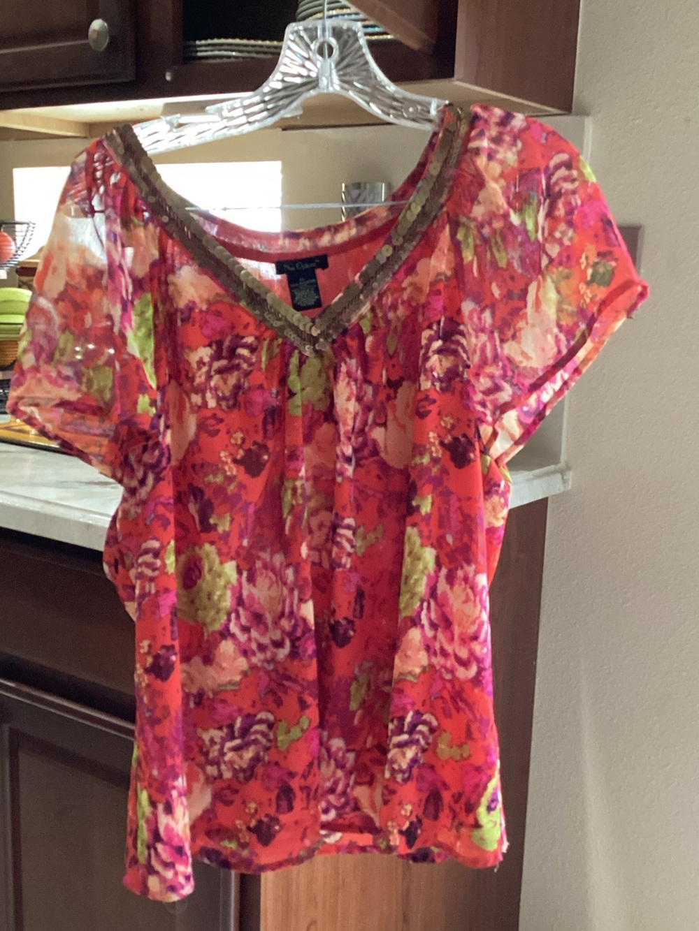 Nue Options Floral V-Neck Blouse in Bright Pink and Green